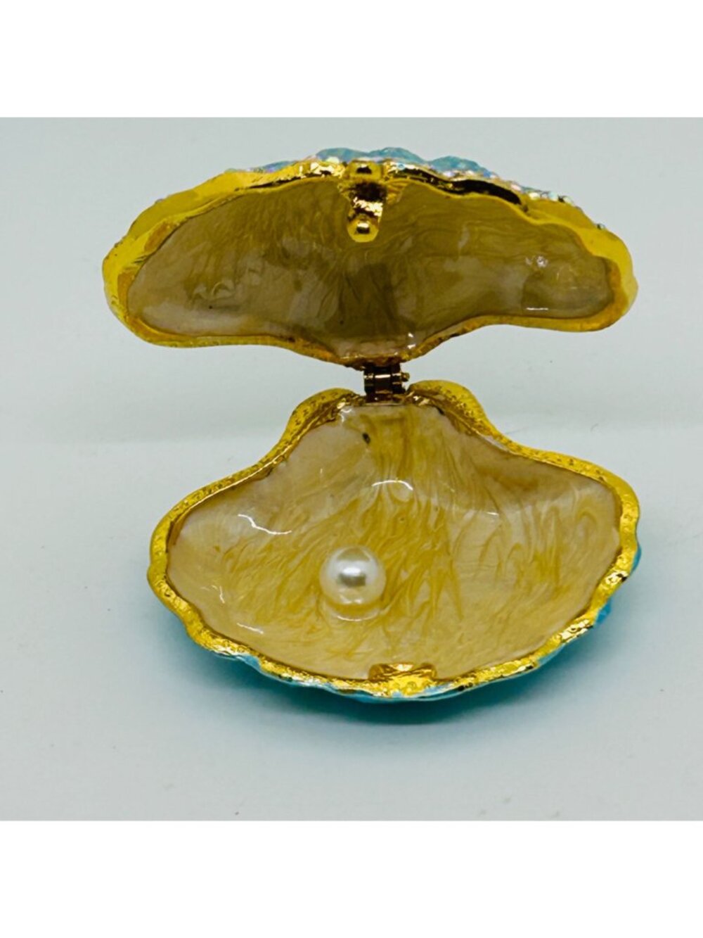 Turquoise Enamel Clamshell Trinket Box With Rhinestones Pearl-Inlaid Interior - Picture 4 of 12